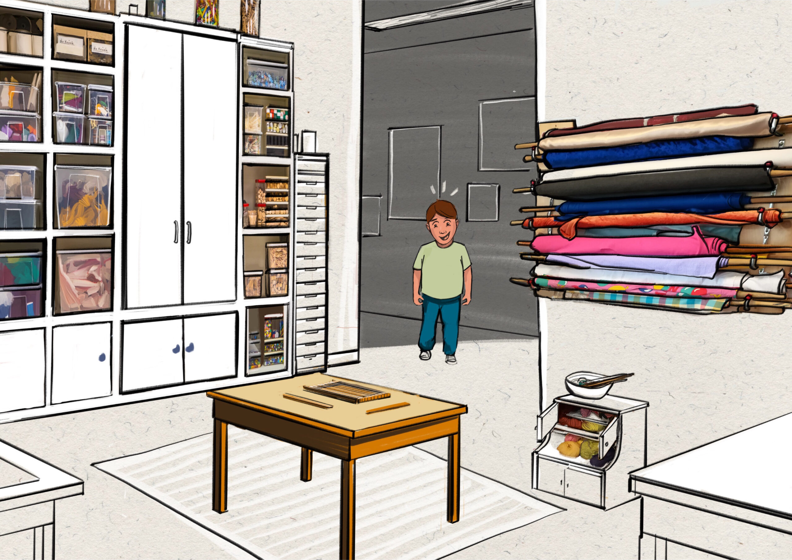 Textilwerkstatt - Junge an Webrahmen 2 - Freude